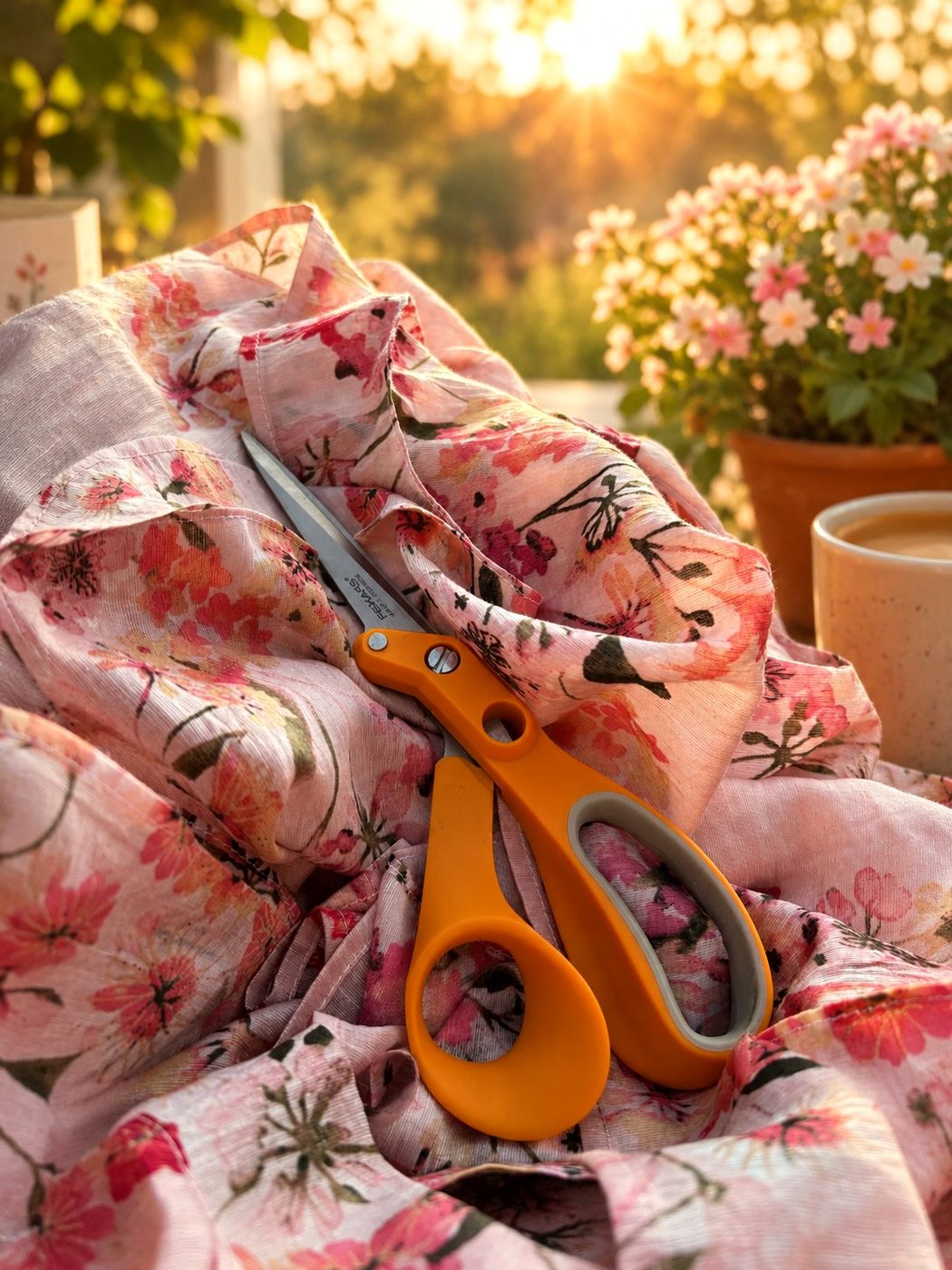 Tailoring scissors resting on floral fabric at golden hour