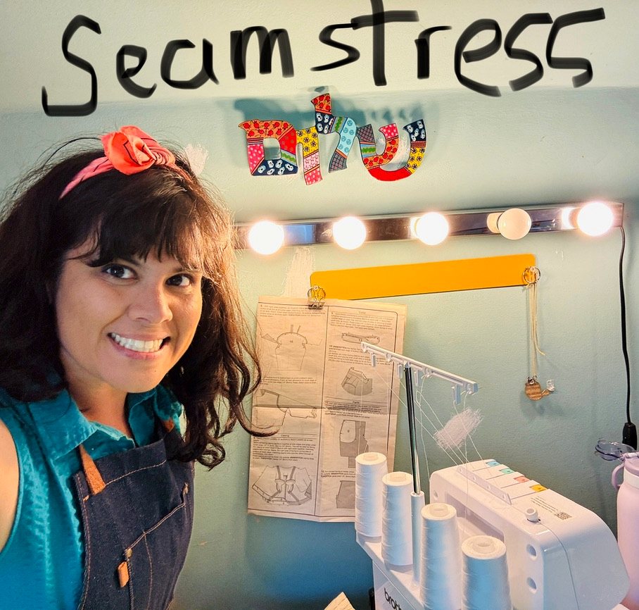 Giselle at work in her Columbus sewing studio.