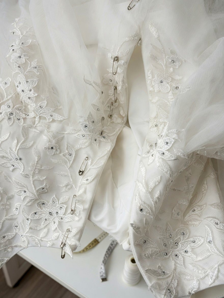 A wedding gown being hand-pinned for first-fitting alterations