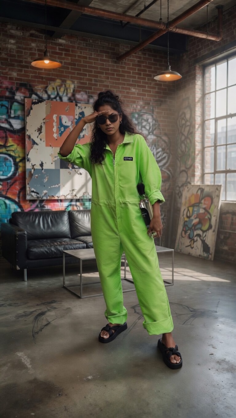Custom green coverall worn outdoors