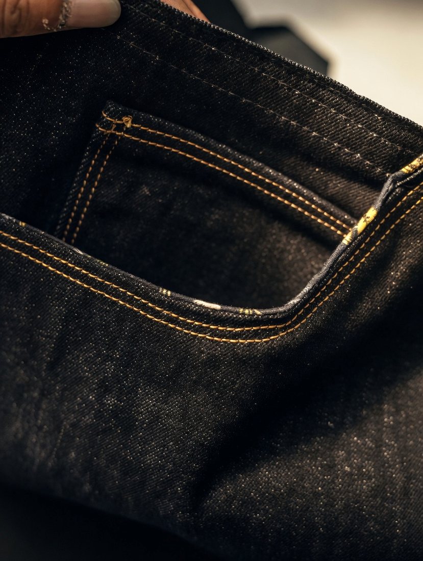 Gold topstitched denim pocket detail