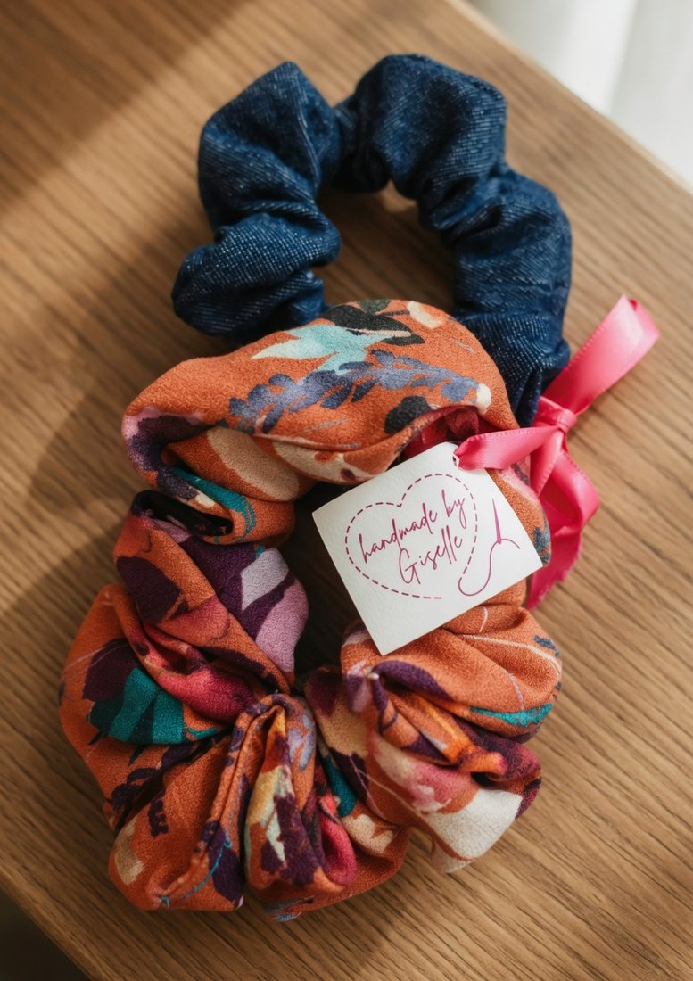 Handmade scrunchies with Giselle tag